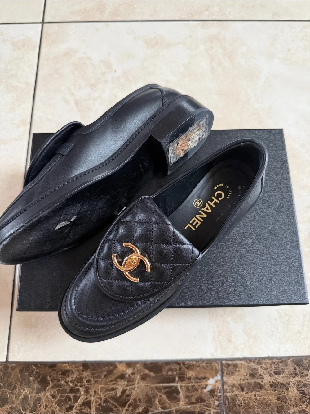CHANEL Black Quilted Leather Loafers with Gold CC Hardware